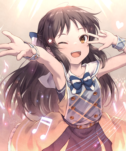 Anime picture 1450x1745 with idolmaster idolmaster cinderella girls idolmaster cinderella girls u149 tachibana arisu khell single long hair tall image open mouth brown hair brown eyes one eye closed wink sparkle sleeveless victory half updo ;d girl star (symbol)