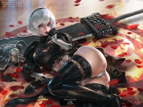 Anime picture 1200x900 with nier nier:automata yorha no. 2 type b yam spectrum single looking at viewer fringe short hair breasts blue eyes light erotic hair between eyes large breasts sitting signed cleavage silver hair ass lying lips