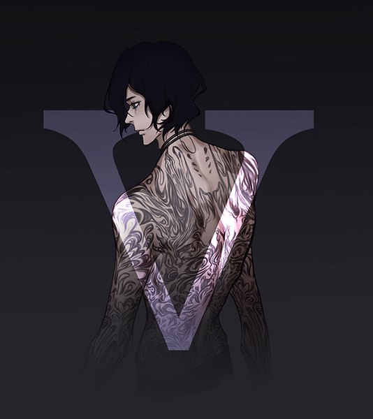 Anime picture 713x800 with devil may cry devil may cry 5 v (devil may cry) yexion123 single tall image black hair simple background looking away upper body profile black eyes tattoo character names black background topless boy choker