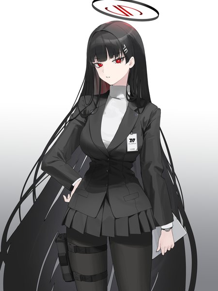 Anime picture 4500x6000 with blue archive rio (blue archive) mark jin single tall image looking at viewer fringe highres black hair simple background red eyes standing absurdres blunt bangs very long hair pleated skirt hand on hip gradient background girl skirt