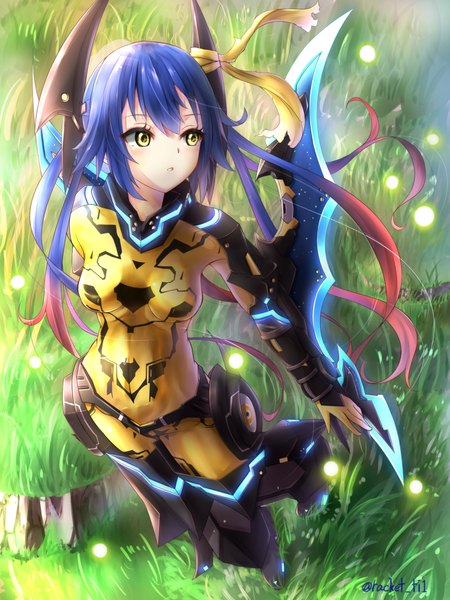Anime picture 1875x2500 with phantasy star phantasy star online 2 sega quna (pso2) racket ti1 single long hair tall image blush highres standing signed yellow eyes blue hair looking away pink hair parted lips multicolored hair from above sunlight