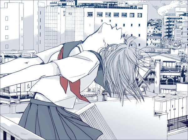 Anime picture 1050x785 with original yono (artist) single eyes closed city monochrome girl skirt uniform school uniform serafuku