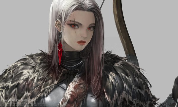 Anime picture 2672x1610 with kingdom death astri the promised ake (cherrylich) single long hair looking at viewer highres red eyes wide image grey hair grey background copyright name lipstick watermark gradient hair scar red lipstick cropped girl weapon
