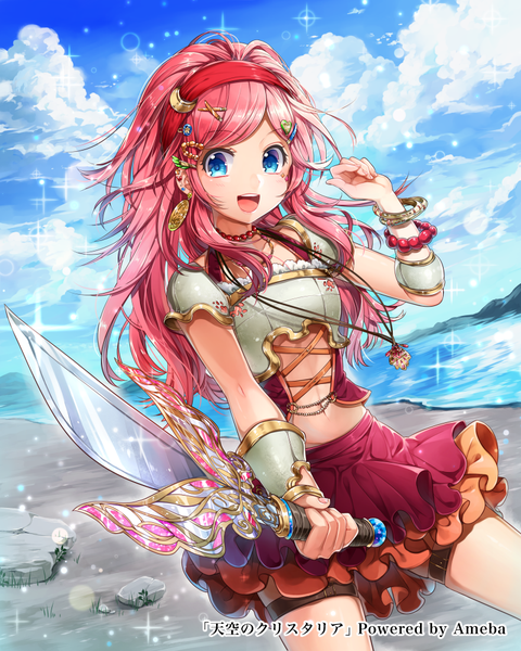 Anime picture 800x1000 with original yukinokoe single long hair tall image looking at viewer open mouth blue eyes pink hair sky cloud (clouds) girl hair ornament weapon sword bracelet