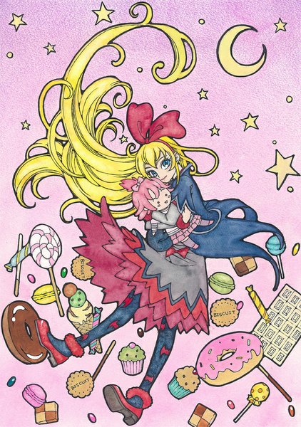 Anime picture 716x1018 with precure dokidoki! precure toei animation aida mana regina (dokidoki! precure) sayococco single tall image looking at viewer blue eyes blonde hair smile very long hair pink background crescent traditional media girl bow hair bow pantyhose