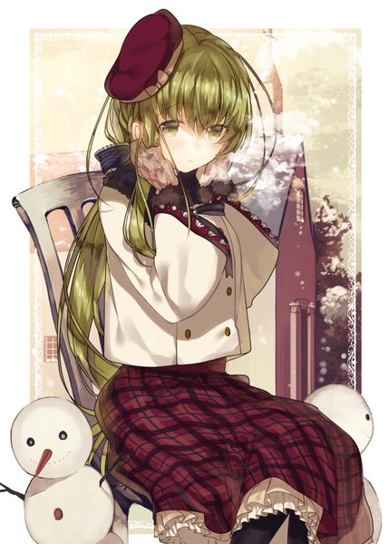 Anime picture 700x980 with shiro seijo to kuro bokushi original cecilia (shiro seijo to kuro bokushi) teigi single long hair tall image fringe hair between eyes sitting green eyes payot looking away outdoors long sleeves parted lips green hair wide sleeves fur trim border