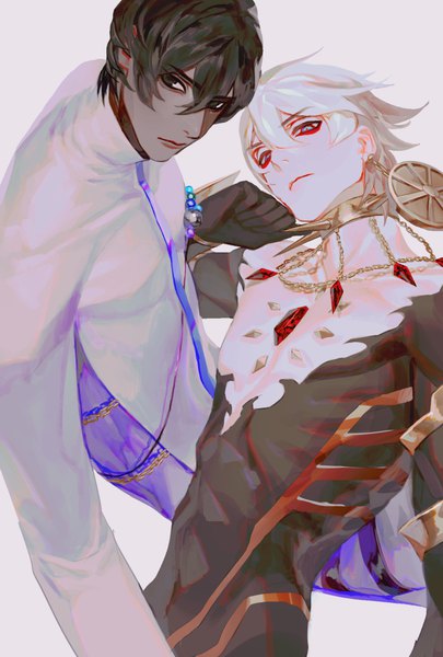 Anime picture 700x1036 with fate (series) fate/grand order karna (fate) arjuna (fate) daeraeband tall image looking at viewer fringe short hair blue eyes black hair hair between eyes white hair black eyes multiple boys dark skin boy gloves black gloves 2 boys