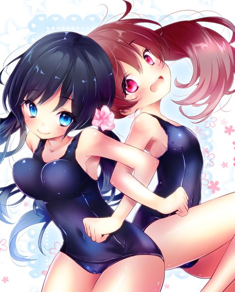 Anime picture 1206x1500 with original mintsu (ichi--kun) long hair tall image looking at viewer blush breasts open mouth blue eyes light erotic black hair smile red eyes multiple girls red hair hair flower low twintails happy body blush back to back