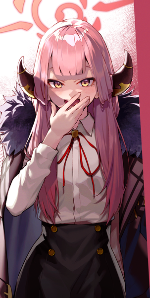Anime picture 828x1642 with blue archive aru (blue archive) black cola single long hair tall image looking at viewer fringe open mouth standing yellow eyes pink hair upper body blunt bangs :d horn (horns) hand to mouth clothes on shoulders girl shirt