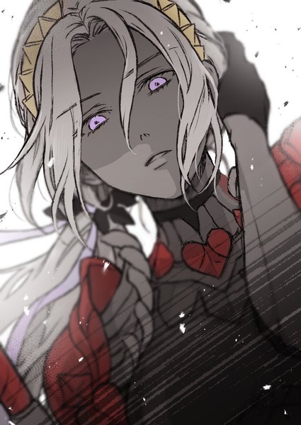 Anime picture 1000x1413 with fire emblem fire emblem: three houses fire emblem warriors: three hopes nintendo edelgard von hresvelg tanimadayo single long hair tall image looking at viewer fringe hair between eyes purple eyes white hair arm up from below shaded face girl gloves hair ornament