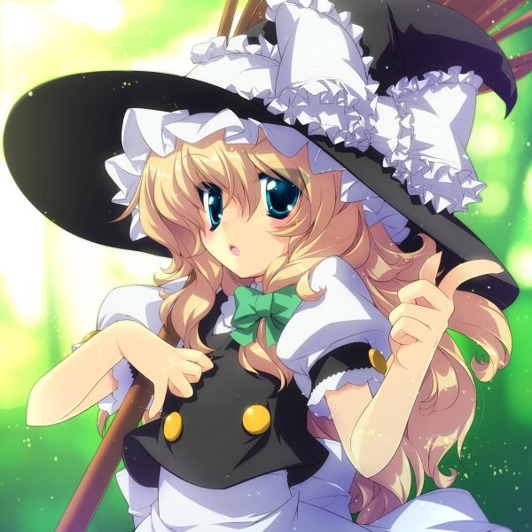 Anime picture 1200x1200 with touhou kirisame marisa lucie long hair open mouth blue eyes blonde hair girl skirt bow hat witch hat skirt set broom