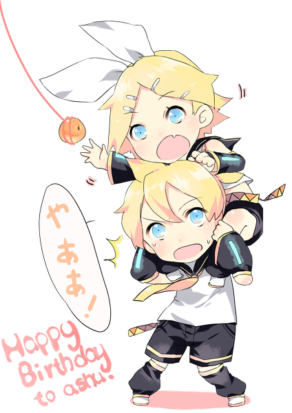 Anime picture 2480x3507 with vocaloid kagamine rin kagamine len rosele tall image blush highres short hair open mouth blue eyes blonde hair inscription looking up transparent background twins happy birthday girl boy bow hair bow