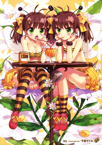 Anime picture 2521x3600 with girls, girls, girls! 11 (artbook) chiba sadoru long hair tall image blush highres breasts open mouth light erotic brown hair sitting twintails multiple girls green eyes scan official art pantyshot girl thighhighs underwear