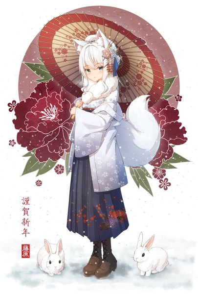 Anime picture 1906x2821 with virtual youtuber indie virtual youtuber shinonome nono coreytaiyo single tall image looking at viewer fringe highres short hair blue eyes animal ears yellow eyes silver hair full body ahoge tail traditional clothes japanese clothes animal tail