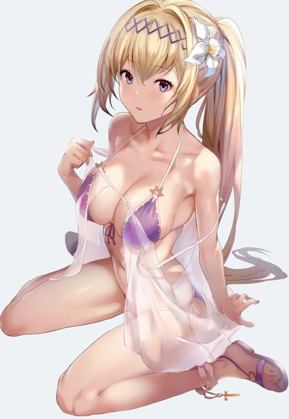 Anime-Bild 2104x3047 mit granblue fantasy jeanne d'arc (granblue fantasy) sola (solo0730) single long hair tall image looking at viewer blush fringe highres breasts open mouth light erotic simple background blonde hair hair between eyes large breasts sitting purple eyes bare shoulders