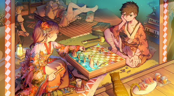 Anime picture 2000x1102 with original forte long hair fringe highres short hair brown hair wide image sitting multiple girls brown eyes blunt bangs traditional clothes looking back horn (horns) wide sleeves floral print scar leg lift (legs lift) playing games