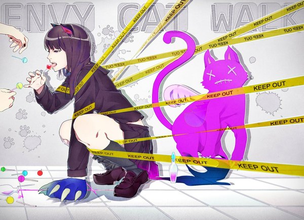 Anime picture 1267x918 with vocaloid envy cat walk (vocaloid) toma (hatsune miku) keishi long hair open mouth brown hair purple eyes animal ears nail polish pink eyes cat ears inscription shadow cat girl squat eating licking girl uniform