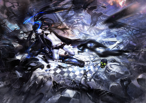 Anime picture 1920x1358 with black rock shooter black rock shooter (character) el-zheng single long hair highres open mouth blue eyes black hair twintails midriff glowing scar glowing eye (eyes) pale skin checkered floor destruction explosion girl weapon