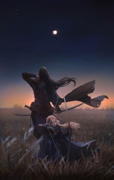 Anime picture 1920x3029 with original majo long hair tall image highres black hair blonde hair standing sitting brown eyes looking away sky parted lips wind pointy ears night depth of field elf back to back field