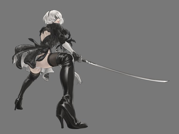 Anime picture 800x600 with nier nier:automata yorha no. 2 type b wryx single short hair light erotic simple background silver hair full body grey background high heels blindfold girl thighhighs dress weapon black thighhighs sword boots