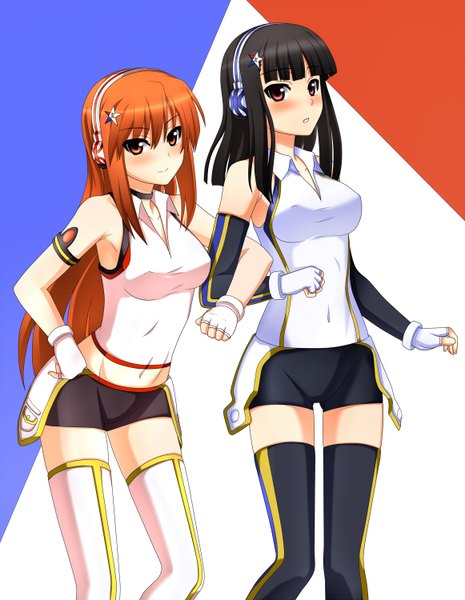 Anime picture 1162x1500 with kenken long hair tall image blush black hair red eyes multiple girls orange hair girl 2 girls shorts headphones fingerless gloves