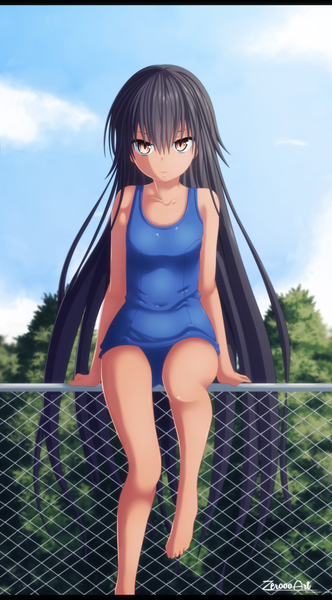 Anime picture 900x1627 with toloveru darkness master nemesis zeroooart single tall image light erotic black hair brown eyes sky cloud (clouds) very long hair legs coloring girl swimsuit plant (plants) tree (trees) one-piece swimsuit school swimsuit