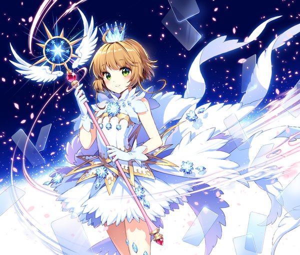 Anime picture 1450x1233 with card captor sakura clamp kinomoto sakura nardack single looking at viewer blush fringe short hair smile brown hair bare shoulders holding green eyes ahoge bare legs gradient background white wings magical girl girl