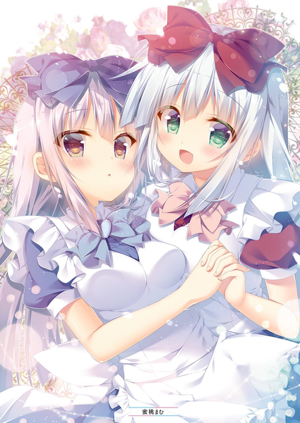 Anime picture 1451x2048 with alice or alice airi (alice or alice) rise (alice or alice) mitsumomo mamu long hair tall image looking at viewer blush fringe open mouth multiple girls green eyes silver hair white hair scan holding hands girl dress bow 2 girls