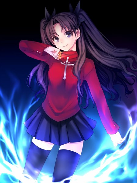 Anime picture 800x1066 with fate (series) fate/stay night type-moon toosaka rin kamanatsu single long hair tall image looking at viewer brown hair twintails light smile grey eyes zettai ryouiki girl thighhighs skirt ribbon (ribbons) black thighhighs hair ribbon