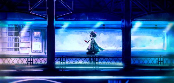 Anime picture 2100x1012 with original yoshioka yoshiko single highres short hair wide image blue hair looking away profile girl necktie jacket bag peaked cap fence train station