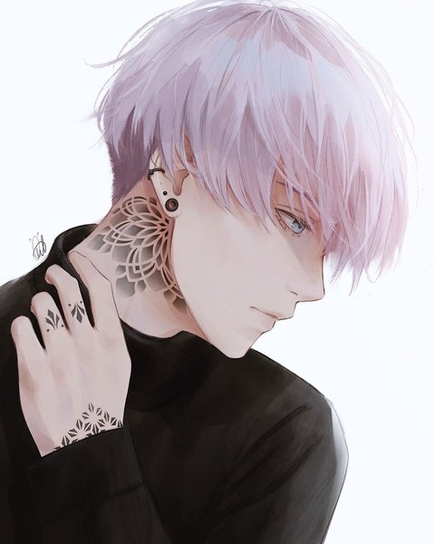 Anime picture 1440x1800 with original 0cat single tall image short hair blue eyes simple background white background looking away silver hair upper body profile tattoo piercing ear piercing boy