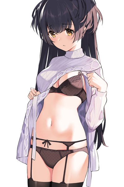 Anime picture 945x1417 with idolmaster idolmaster shiny colors mayuzumi fuyuko gin00 single long hair tall image blush fringe breasts light erotic black hair simple background large breasts standing white background brown eyes payot blunt bangs parted lips