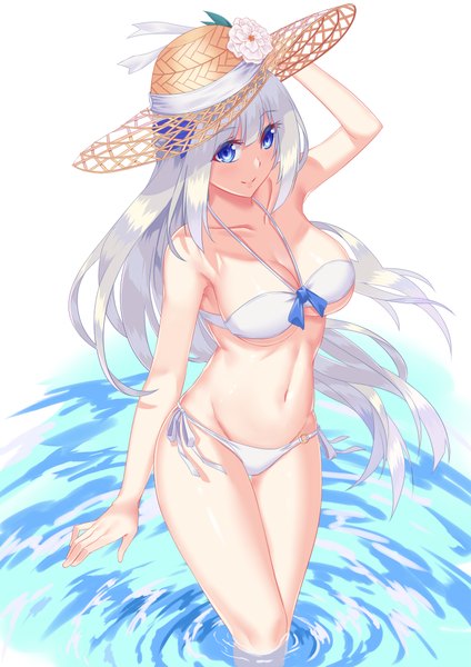 Anime picture 1500x2121 with warship girls r lexington (warship girls r) 5plus single tall image blue eyes light erotic smile payot looking away silver hair very long hair from above underboob groin girl navel flower (flowers) swimsuit hat
