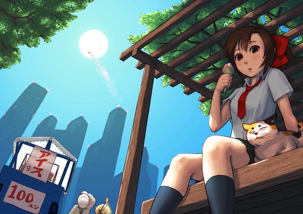 Anime picture 1200x848 with original yoshikawa hazure looking at viewer short hair brown hair brown eyes sky girl skirt bow plant (plants) hair bow hat animal shirt tree (trees) socks necktie food sweets
