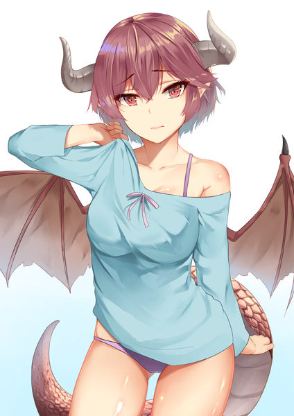Anime picture 2892x4093 with shingeki no bahamut manaria friends grea (shingeki no bahamut) mengo single tall image looking at viewer fringe highres short hair breasts light erotic simple background hair between eyes red eyes standing purple hair tail arm up horn (horns)