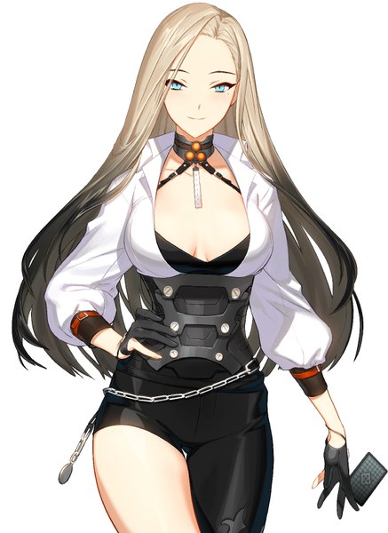 Anime picture 1200x1645 with closers harpy (closers) red star alliance single long hair tall image looking at viewer blush breasts blue eyes light erotic black hair simple background blonde hair smile large breasts white background holding cleavage long sleeves