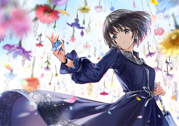 Anime picture 1207x850 with original tiv single blush fringe short hair breasts open mouth blue eyes black hair standing holding looking away blurry depth of field bob cut girl dress flower (flowers) ribbon (ribbons)