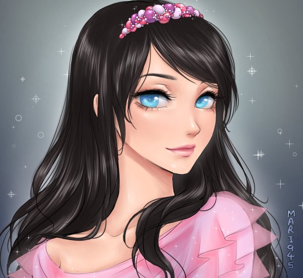 Anime picture 2400x2200 with original mari945 single long hair looking at viewer fringe highres blue eyes black hair simple background signed light smile realistic grey background sparkle lipstick portrait pink lipstick shiny clothes girl
