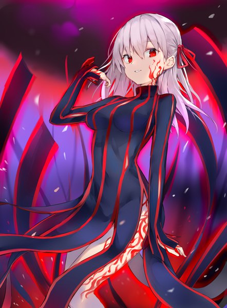 Anime picture 2893x3927 with fate (series) fate/stay night matou sakura dark sakura ryou (ponpgo) single long hair tall image looking at viewer fringe highres breasts hair between eyes red eyes silver hair long sleeves parted lips arm up sleeves past wrists dark persona