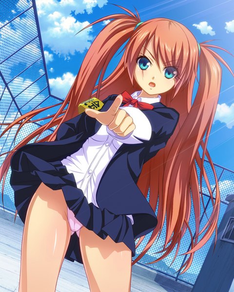 Anime picture 640x800 with original aocchi single long hair tall image looking at viewer open mouth blue eyes light erotic twintails sky cloud (clouds) orange hair pantyshot girl skirt underwear panties miniskirt