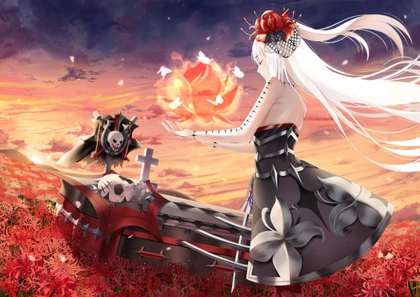 Anime picture 1500x1061 with king's raid jane (king's raid) nicky w single long hair fringe hair between eyes standing bare shoulders sky cloud (clouds) outdoors white hair eyes closed profile hair flower wind sleeveless magic evening