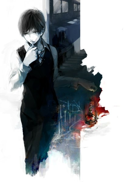 Anime picture 1500x2118 with original lupicam single tall image short hair black hair standing grey eyes open collar boy shirt blood pants lantern stairs lamp candle (candles) sweater vest