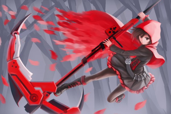 Anime picture 1339x900 with rwby rooster teeth ruby rose tkfkid single short hair black hair black eyes girl dress weapon plant (plants) petals tree (trees) boots cape scythe