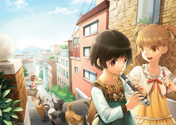 Anime picture 1200x853 with original salt (salty) short hair brown hair twintails multiple girls brown eyes yellow eyes short twintails cityscape girl 3 girls jewelry cat toy bag stuffed animal beads musical instrument teddy bear