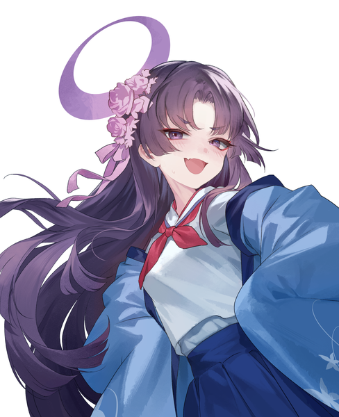 Anime picture 1463x1800 with blue archive yukari (blue archive) hillly (maiwetea) single long hair tall image looking at viewer open mouth simple background white background purple eyes purple hair :d hair flower hands on hips girl uniform flower (flowers) serafuku halo