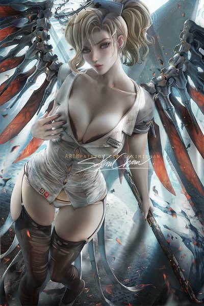 Anime picture 667x1000 with overwatch blizzard entertainment mercy (overwatch) sakimichan single tall image looking at viewer blush fringe short hair breasts blue eyes light erotic blonde hair hair between eyes large breasts standing holding signed cleavage