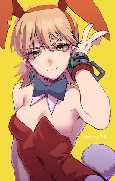 Anime picture 528x829 with flcl gainax haruhara haruko katsuoboshi single tall image fringe short hair breasts light erotic simple background blonde hair hair between eyes signed animal ears yellow eyes looking away cleavage tail animal tail