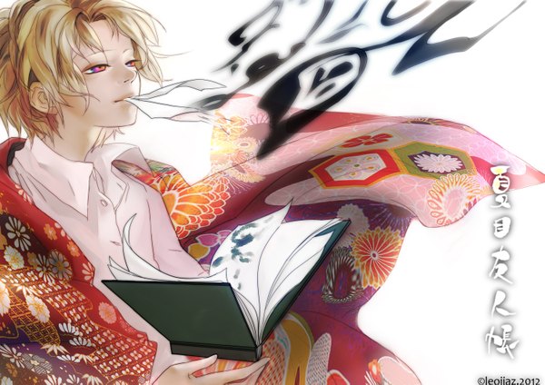 Anime picture 1500x1061 with natsume yuujinchou brains base (studio) natsume takashi leojiaz short hair blonde hair white background pink eyes inscription mouth hold hieroglyph clothes on shoulders multicolored eyes blowing boy shirt book (books) paper