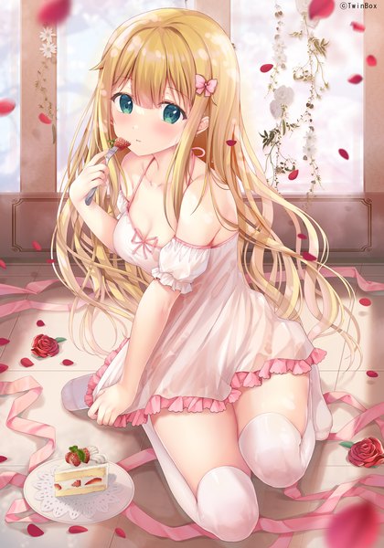 Anime picture 1260x1800 with original inagaki minami sousouman single long hair tall image looking at viewer blush fringe breasts light erotic blonde hair hair between eyes sitting bare shoulders holding green eyes signed payot cleavage