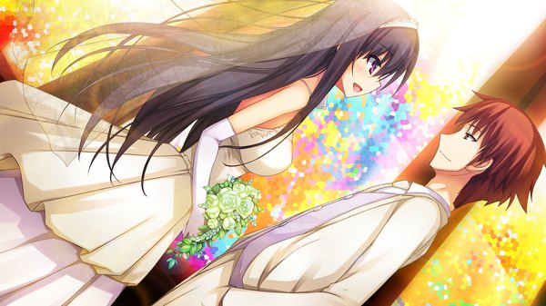 Anime picture 2560x1440 with reminiscence re mizuno rin shimazu hidetaka tomose shunsaku long hair highres short hair black hair brown hair wide image purple eyes game cg couple wedding girl dress boy gloves flower (flowers) elbow gloves